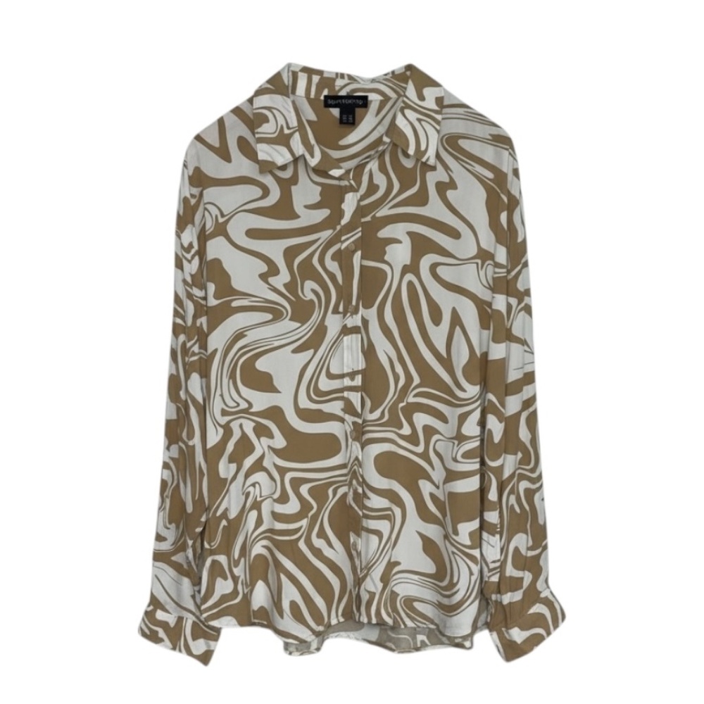 Streetwear Society Button-up Blouse Women’s XL Tan/Ivory‎ Retro Print